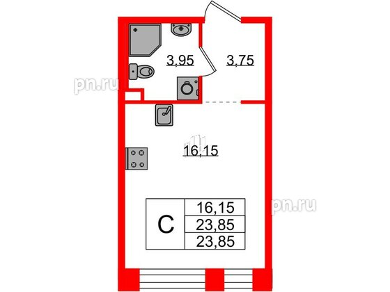 Квартира в ЖК Plus Пулковский, студия, 23.85 м², 2 этаж