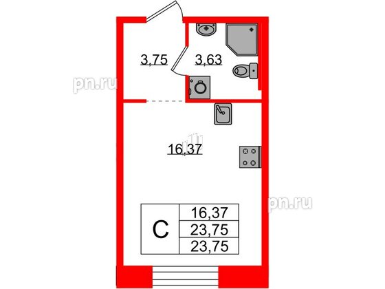 Квартира в ЖК Plus Пулковский, студия, 23.75 м², 3 этаж