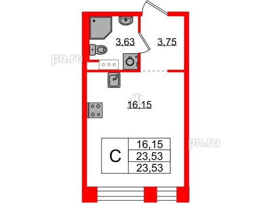 Квартира в ЖК Plus Пулковский, студия, 23.53 м², 3 этаж