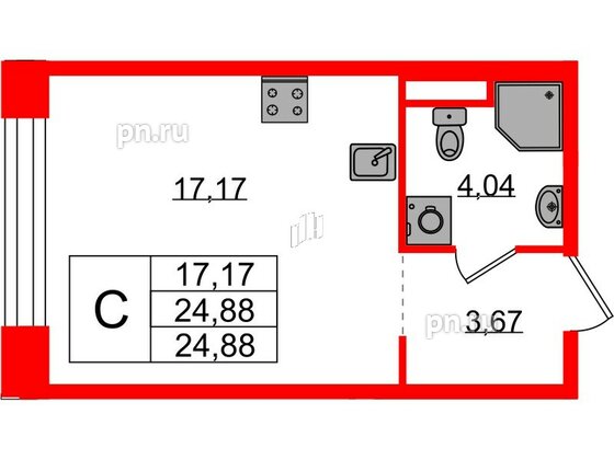 Квартира в ЖК Plus Пулковский, студия, 24.88 м², 2 этаж