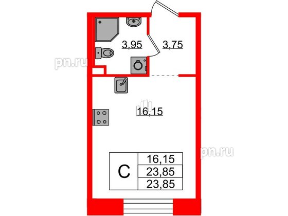 Квартира в ЖК Plus Пулковский, студия, 23.85 м², 2 этаж