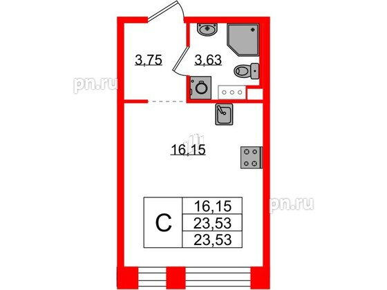 Квартира в ЖК Plus Пулковский, студия, 23.53 м², 3 этаж