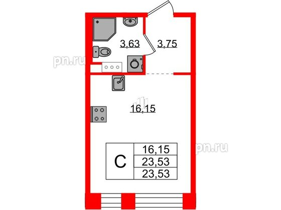 Квартира в ЖК Plus Пулковский, студия, 23.53 м², 3 этаж