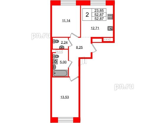 Квартира в ЖК Plus Пулковский, 2 комнатная, 52.87 м², 4 этаж