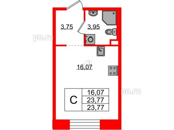 Квартира в ЖК Plus Пулковский, студия, 23.77 м², 2 этаж