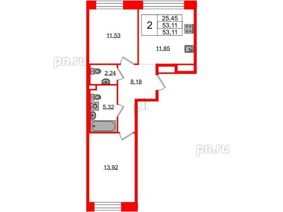 Квартира в ЖК Plus Пулковский, 2 комнатная, 53.11 м², 2 этаж