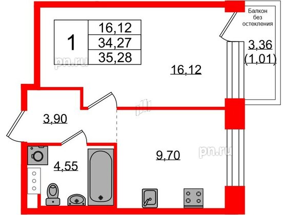 Квартира в ЖК Plus Пулковский, 1 комнатная, 34.95 м², 5 этаж