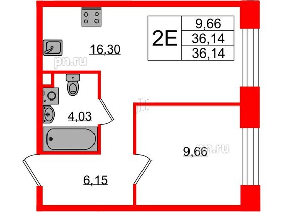 Квартира в ЖК Plus Пулковский, 1 комнатная, 36.14 м², 2 этаж