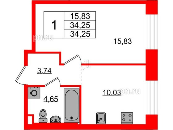 Квартира в ЖК Plus Пулковский, 1 комнатная, 34.25 м², 1 этаж