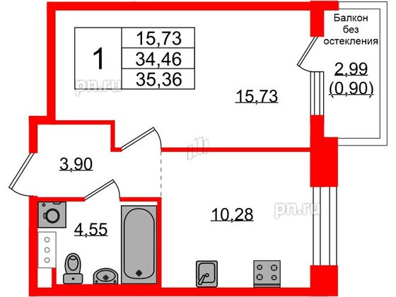 Квартира в ЖК Plus Пулковский, 1 комнатная, 35.36 м², 4 этаж