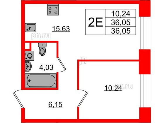 Квартира в ЖК Plus Пулковский, 1 комнатная, 36.05 м², 2 этаж