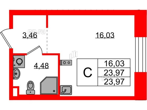 Квартира в ЖК Plus Пулковский, студия, 23.97 м², 1 этаж