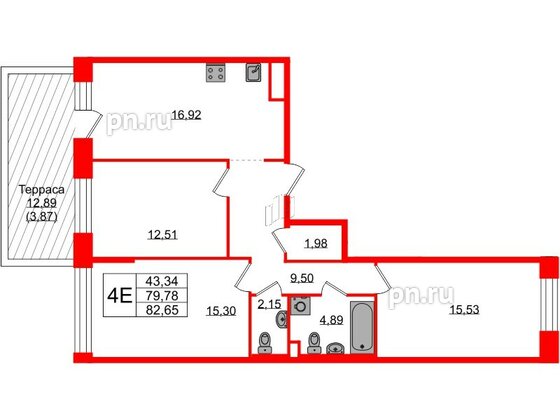 Квартира в ЖК Plus Пулковский, 3 комнатная, 82.65 м², 1 этаж