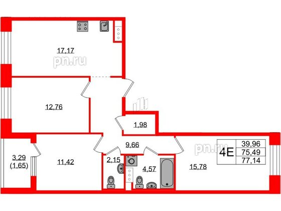 Квартира в ЖК Plus Пулковский, 3 комнатная, 77.14 м², 2 этаж