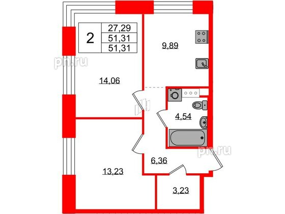 Квартира в ЖК Plus Пулковский, 2 комнатная, 51.31 м², 3 этаж