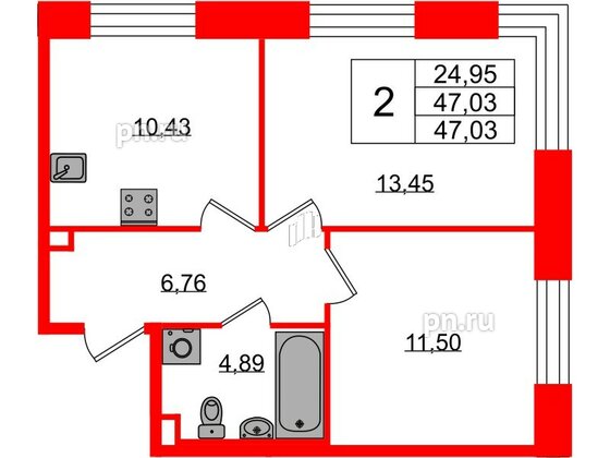 Квартира в ЖК Plus Пулковский, 2 комнатная, 47.03 м², 1 этаж