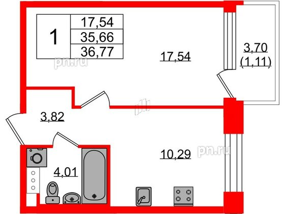 Квартира в ЖК Plus Пулковский, 1 комнатная, 36.14 м², 3 этаж