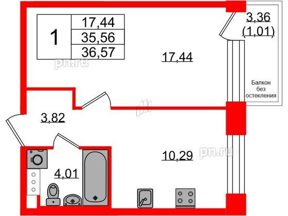 Квартира в ЖК Plus Пулковский, 1 комнатная, 36.14 м², 5 этаж