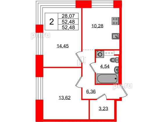 Квартира в ЖК Plus Пулковский, 2 комнатная, 52.48 м², 4 этаж