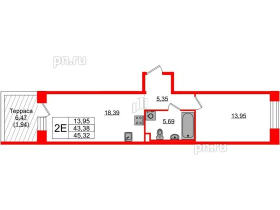 Квартира в ЖК Plus Пулковский, 1 комнатная, 44.88 м², 1 этаж