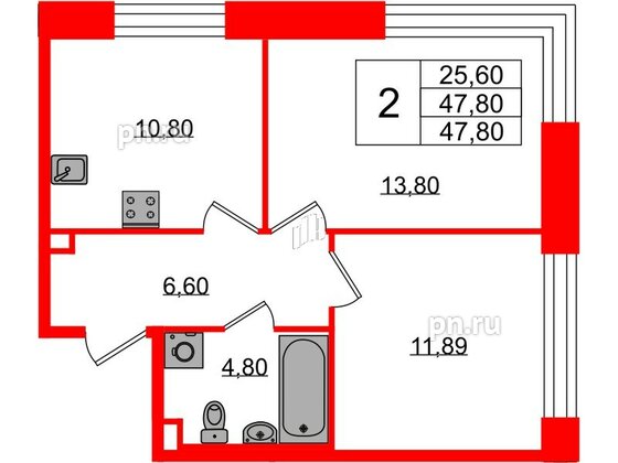 Квартира в ЖК Plus Пулковский, 2 комнатная, 47.8 м², 1 этаж