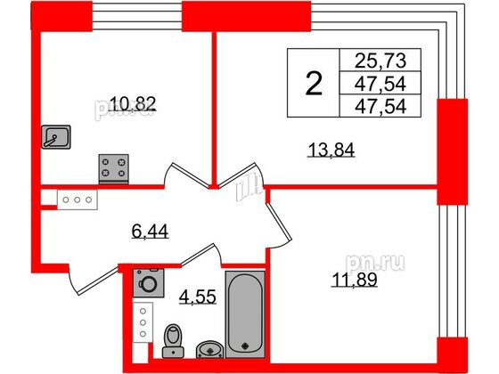 Квартира в ЖК Plus Пулковский, 2 комнатная, 47.54 м², 2 этаж