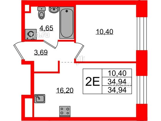 Квартира в ЖК Plus Пулковский, 1 комнатная, 34.94 м², 1 этаж