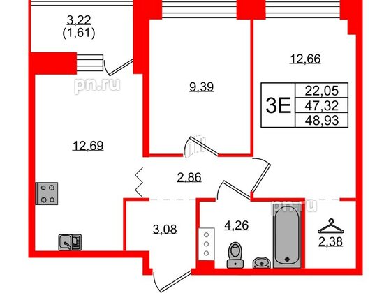 Квартира в ЖК Квартал Уютный, 2 комнатная, 48.93 м², 4 этаж