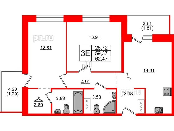 Квартира в ЖК Квартал Уютный, 2 комнатная, 62.47 м², 9 этаж