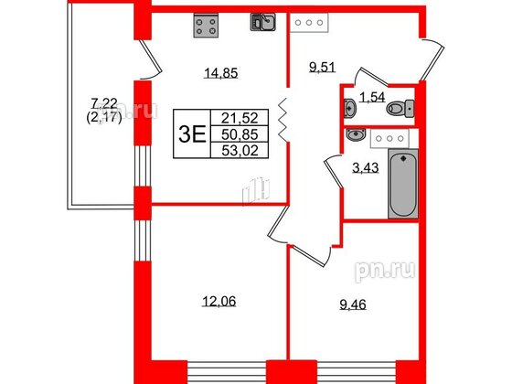 Квартира в ЖК Квартал Уютный, 2 комнатная, 53.02 м², 3 этаж