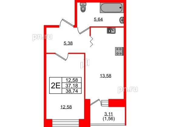 Квартира в ЖК Квартал Уютный, 1 комнатная, 38.74 м², 2 этаж