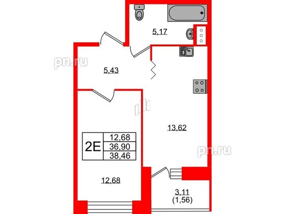 Квартира в ЖК Квартал Уютный, 1 комнатная, 38.46 м², 3 этаж