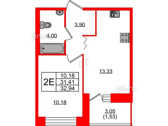 Квартира в ЖК Квартал Уютный, 1 комнатная, 32.94 м², 2 этаж