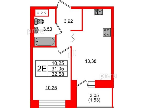 Квартира в ЖК Квартал Уютный, 1 комнатная, 32.58 м², 5 этаж