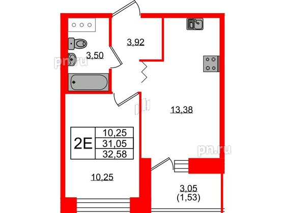 Квартира в ЖК Квартал Уютный, 1 комнатная, 32.58 м², 3 этаж