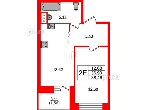 Квартира в ЖК Квартал Уютный, 1 комнатная, 38.46 м², 3 этаж