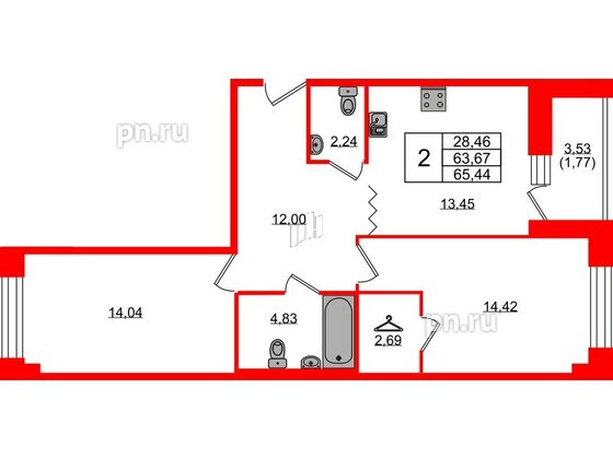 Квартира в ЖК Квартал Уютный, 2 комнатная, 65.44 м², 2 этаж