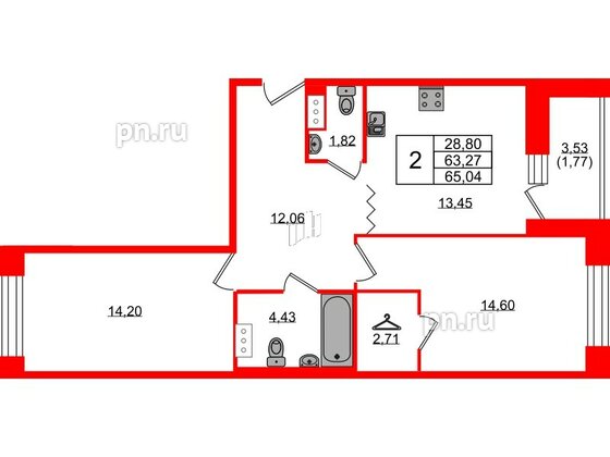 Квартира в ЖК Квартал Уютный, 2 комнатная, 65.04 м², 3 этаж