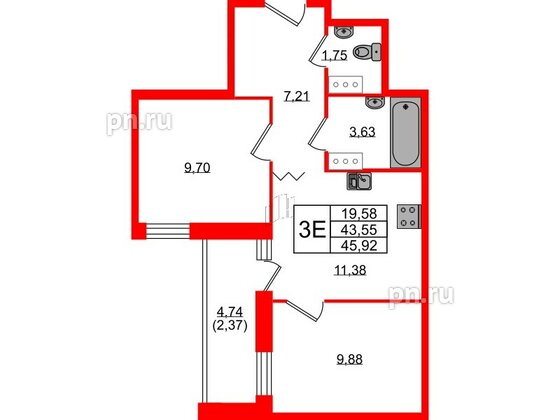 Квартира в ЖК Квартал Уютный, 2 комнатная, 45.92 м², 5 этаж