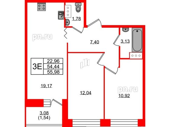 Квартира в ЖК Квартал Уютный, 2 комнатная, 55.98 м², 3 этаж