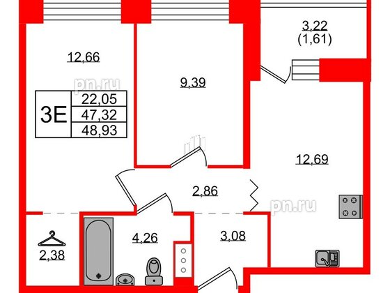 Квартира в ЖК Квартал Уютный, 2 комнатная, 48.93 м², 8 этаж