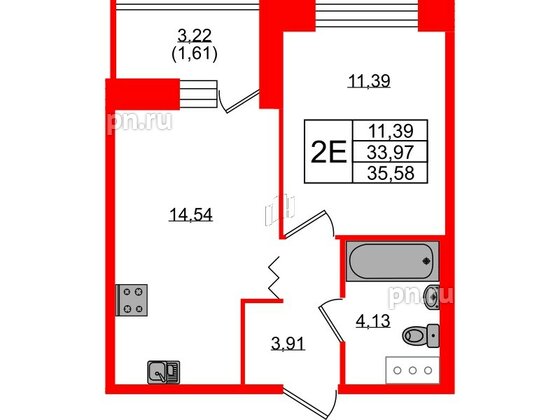 Квартира в ЖК Квартал Уютный, 1 комнатная, 35.58 м², 4 этаж