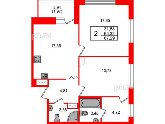 Квартира в ЖК Квартал Уютный, 2 комнатная, 67.29 м², 6 этаж