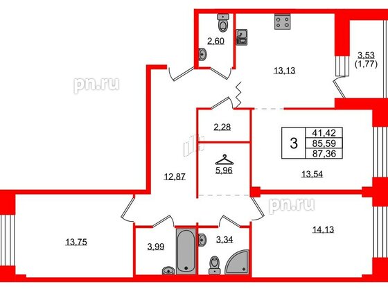 Квартира в ЖК Квартал Уютный, 3 комнатная, 87.36 м², 2 этаж