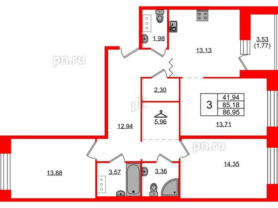 Квартира в ЖК Квартал Уютный, 3 комнатная, 86.95 м², 4 этаж