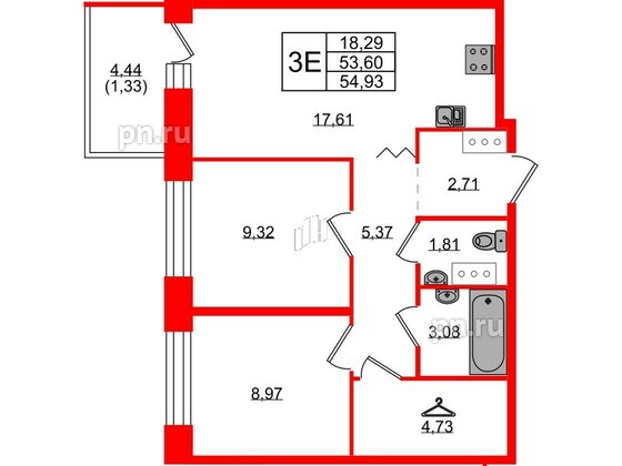 Квартира в ЖК Квартал Уютный, 2 комнатная, 54.93 м², 3 этаж