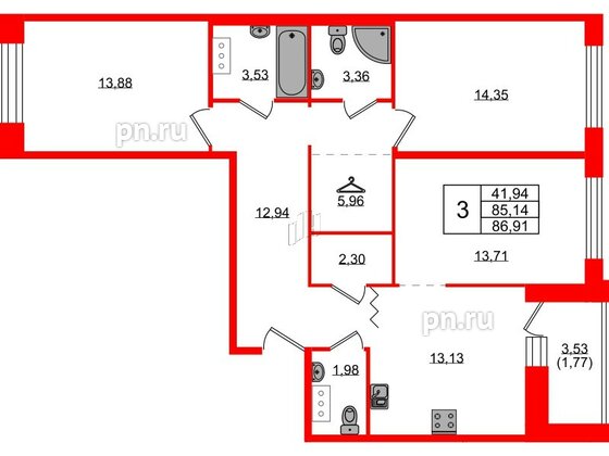 Квартира в ЖК Квартал Уютный, 3 комнатная, 86.91 м², 4 этаж