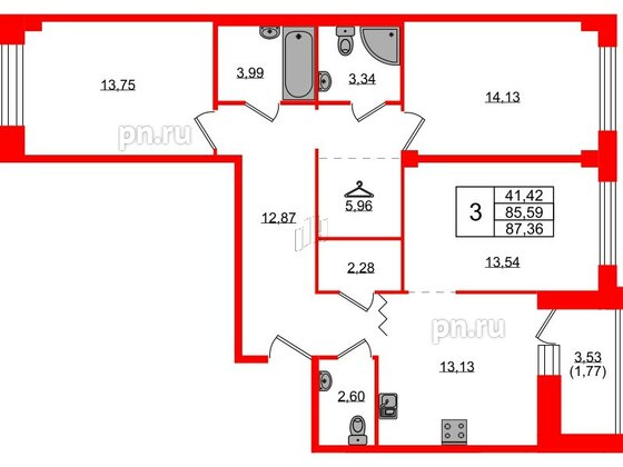 Квартира в ЖК Квартал Уютный, 3 комнатная, 87.36 м², 2 этаж