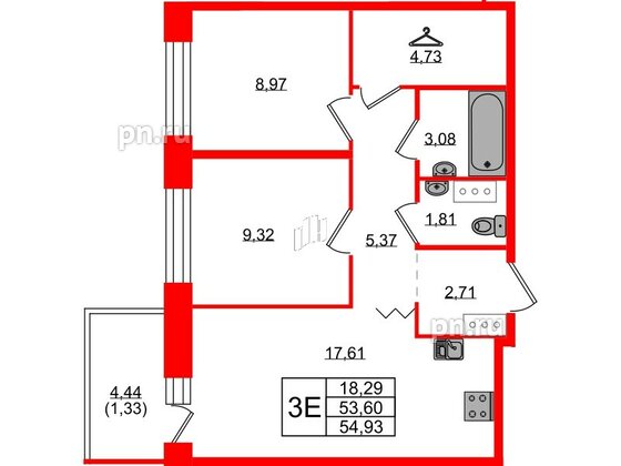 Квартира в ЖК Квартал Уютный, 2 комнатная, 54.93 м², 3 этаж