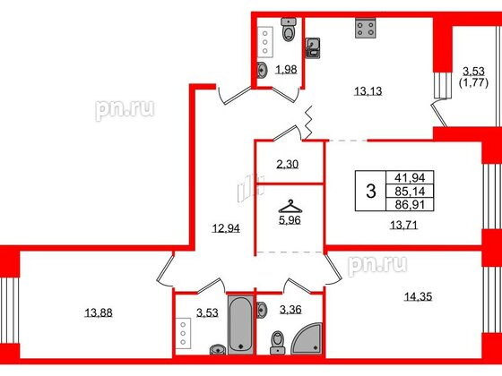 Квартира в ЖК Квартал Уютный, 3 комнатная, 86.91 м², 3 этаж